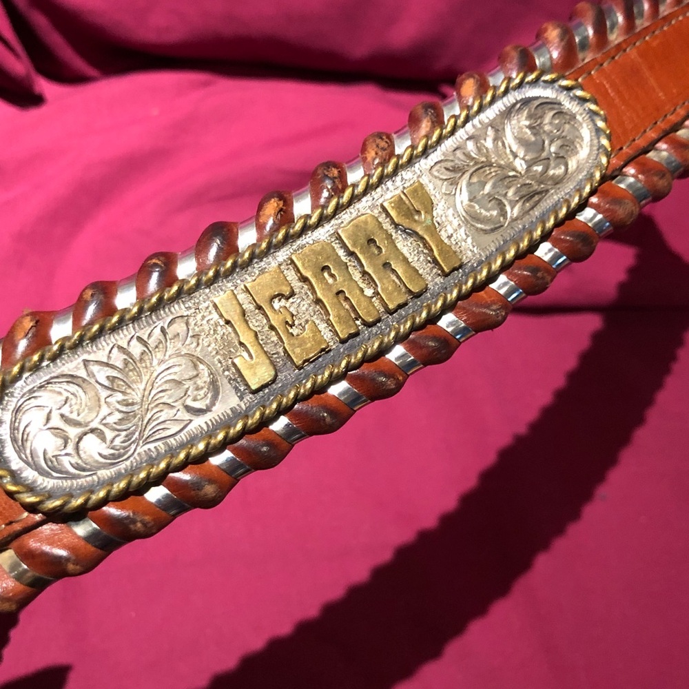 Brown Leather Belt with removable Gold and Silver JERRY name plate